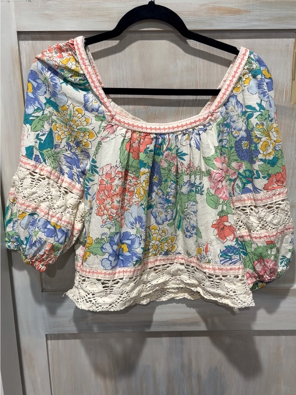 Christian Siriano Floral Crochet-Trim Peasant Blouse — Ivory Multi Floral - Picture 2 of 6